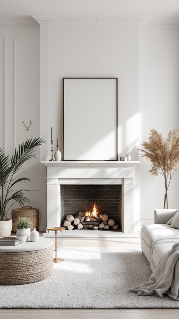 A minimalist living room featuring a neutral color palette with a fireplace, plants, and a cozy rug.