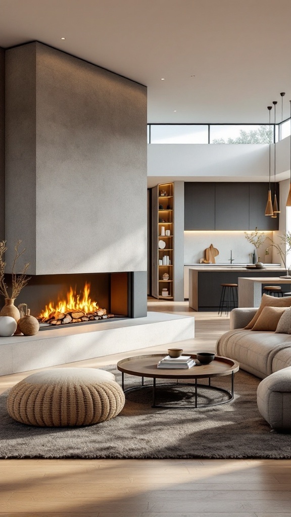 A minimalist living room featuring an open layout with a fireplace, cozy seating, and a connected kitchen area.