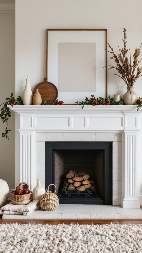 A minimalist fireplace mantle decorated with vases, greenery, and logs.