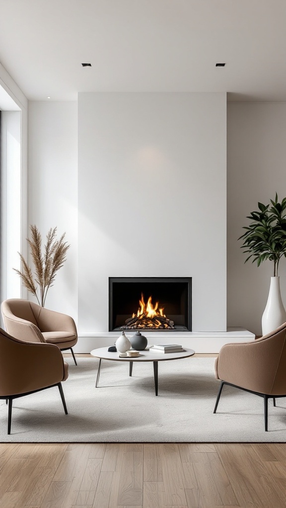 Minimalist living room featuring sleek furniture and a fireplace