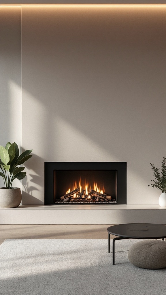 A minimalist fireplace mantle featuring a sleek black fireplace with warm flames, surrounded by simple decor and plants.