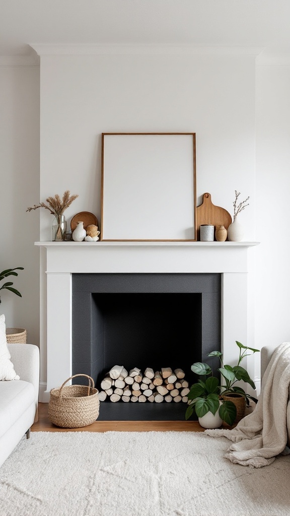 Minimalist living room featuring a fireplace, woven basket, and decorative elements.