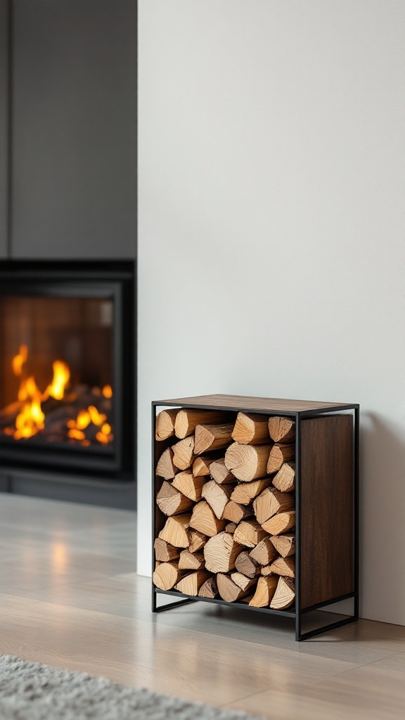Modern artistic firewood holder next to a fireplace