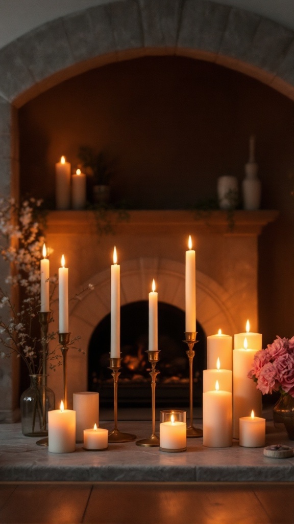 A cozy fireplace with chic candle arrangements creating a warm and inviting atmosphere.