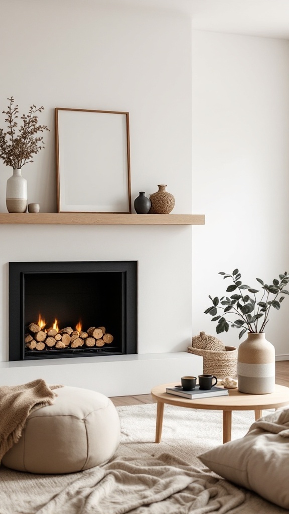 A minimalist decor setup over a fireplace featuring earthy tones and textures, including vases, a wooden shelf, and cozy seating.