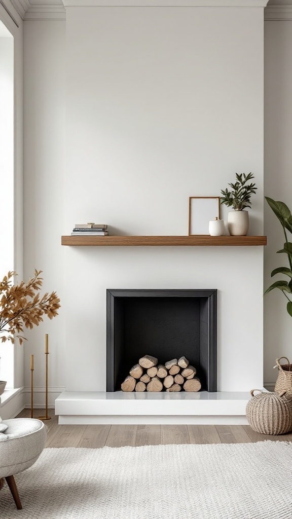 A minimalist fireplace with floating shelves, featuring a small plant, a picture frame, and neatly stacked firewood.
