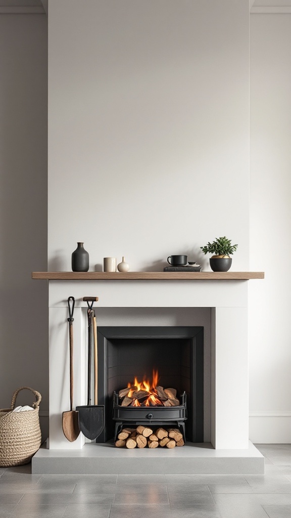 A minimalist fireplace with a clean design, featuring tools and accessories that blend function and style.