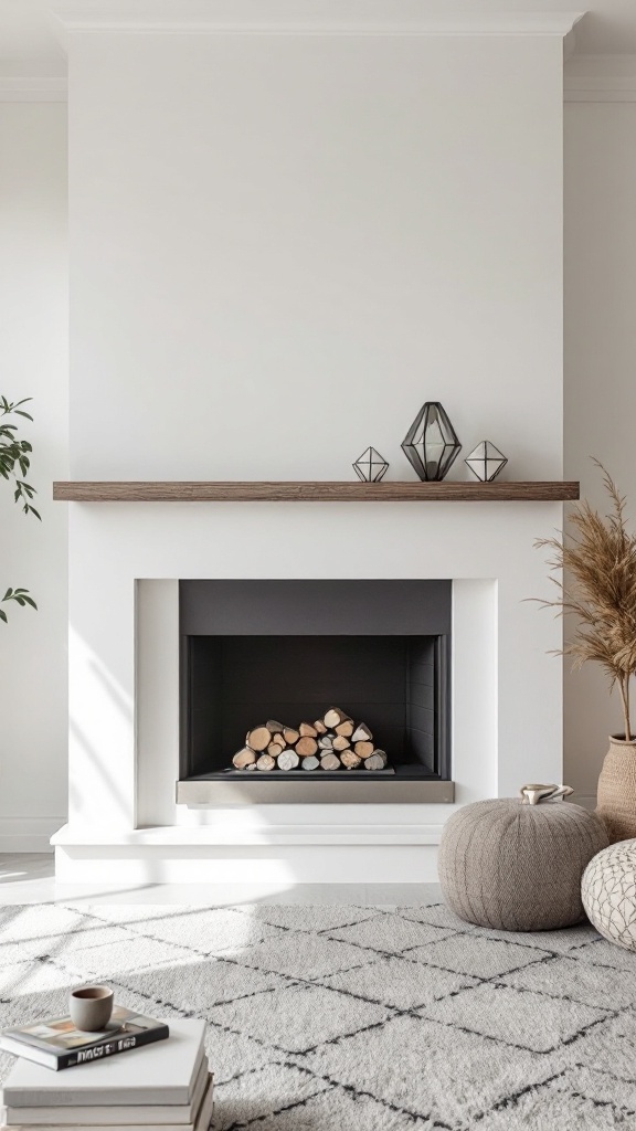 Minimalist fireplace with geometric decor and wood logs