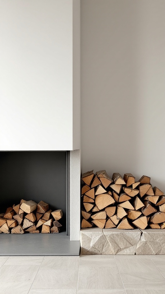 A minimalist fireplace with a geometric stack of firewood against a plain wall.