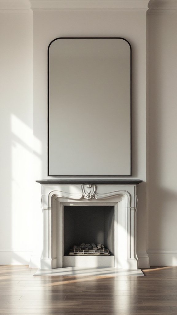 A minimalist decor featuring a fireplace with a simple, elegant mirror above it.