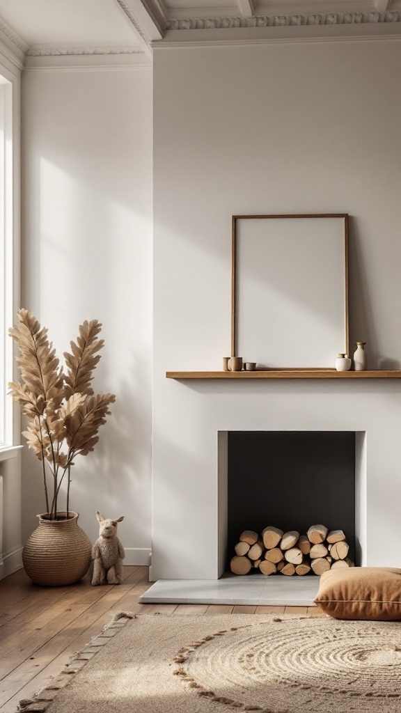 Minimalist fireplace decor featuring muted color palette with wooden mantel and stacked logs.