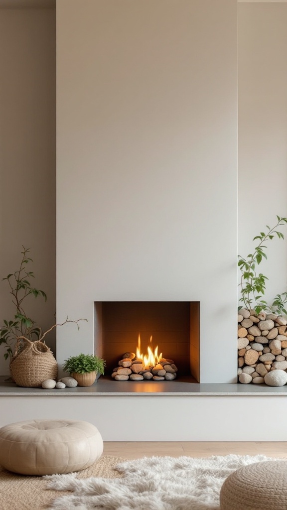 A minimalist fireplace decorated with stones and plants, creating a warm and natural atmosphere.
