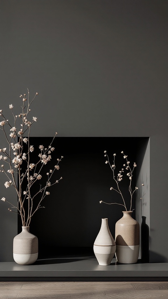 Minimalist decor with simple vases and branches arranged over a fireplace