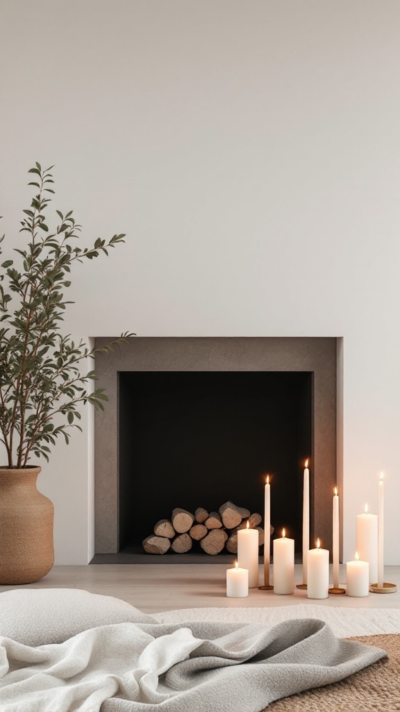 Minimalist fireplace with candles and a potted plant