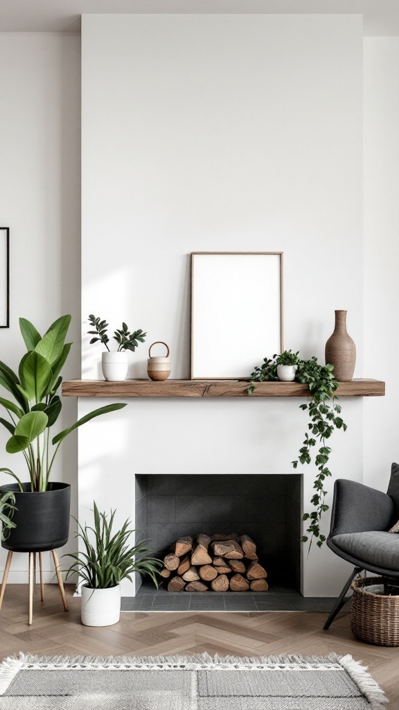 A minimalist fireplace decor featuring simple greenery, a wooden shelf, and a cozy armchair.