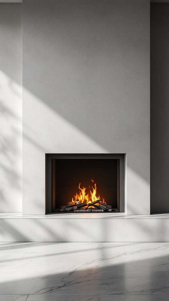 A minimalist fireplace surrounded by sleek concrete with a glowing fire and pebbles.