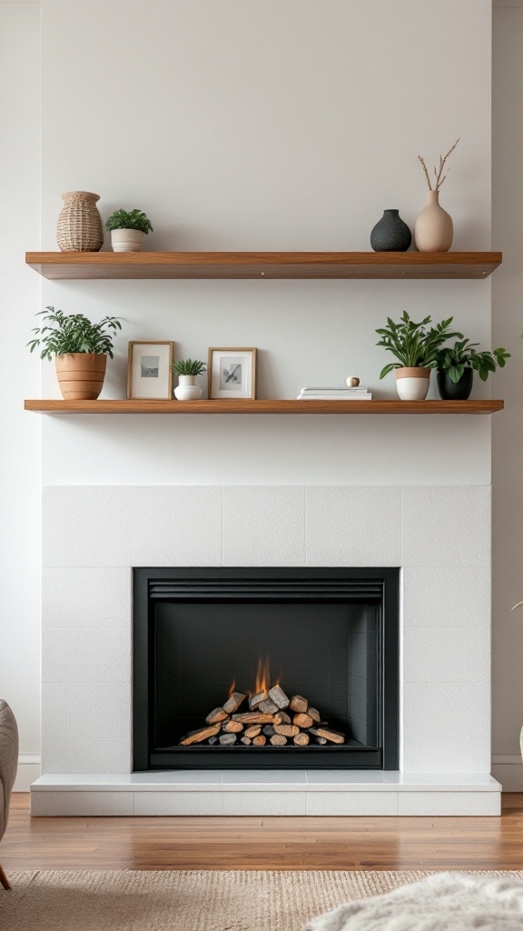 A minimalist decor setup with floating shelves above a fireplace, featuring plants and decorative items.