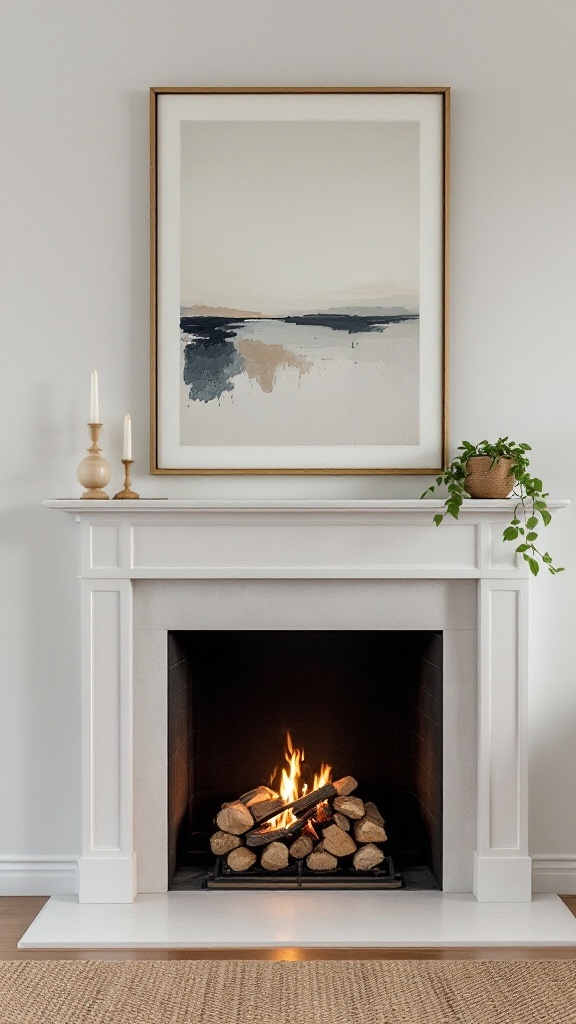 A minimalist fireplace with subdued artwork above the mantel, featuring a soft-toned painting, candles, and a plant.
