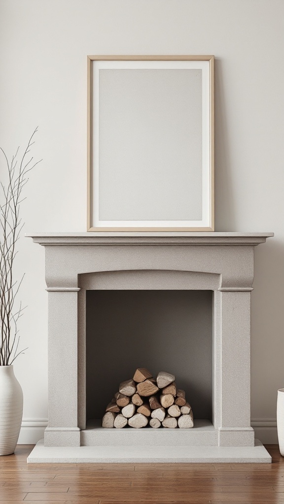 Minimalist fireplace with an empty frame and firewood