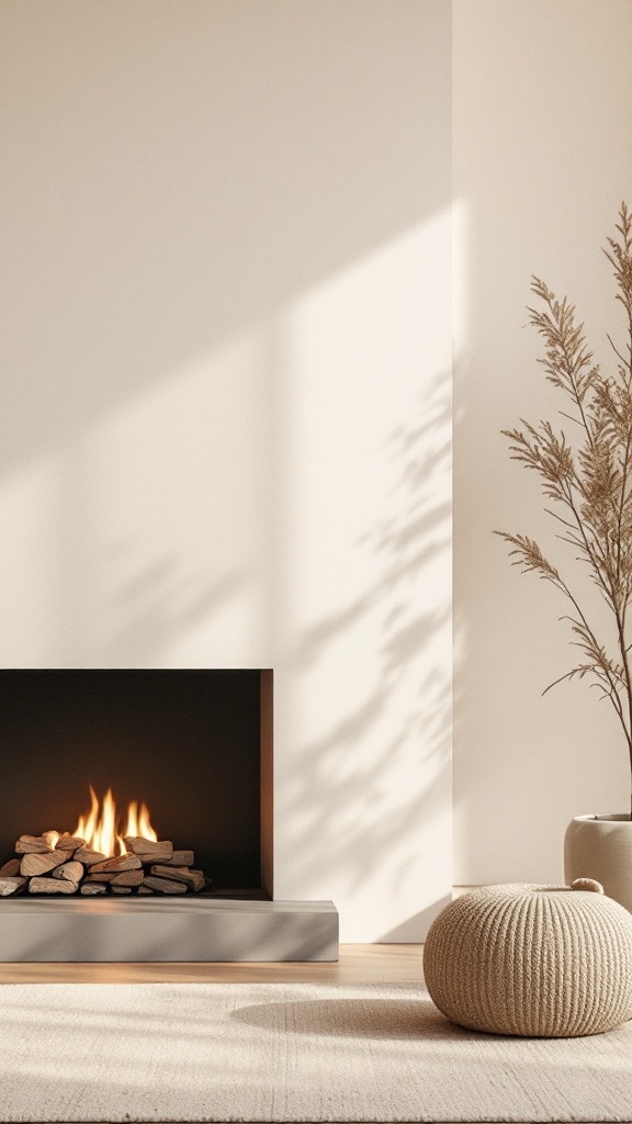 A minimalist fireplace with natural stones and flickering flames, accompanied by a round pouf and a plant in a neutral pot.