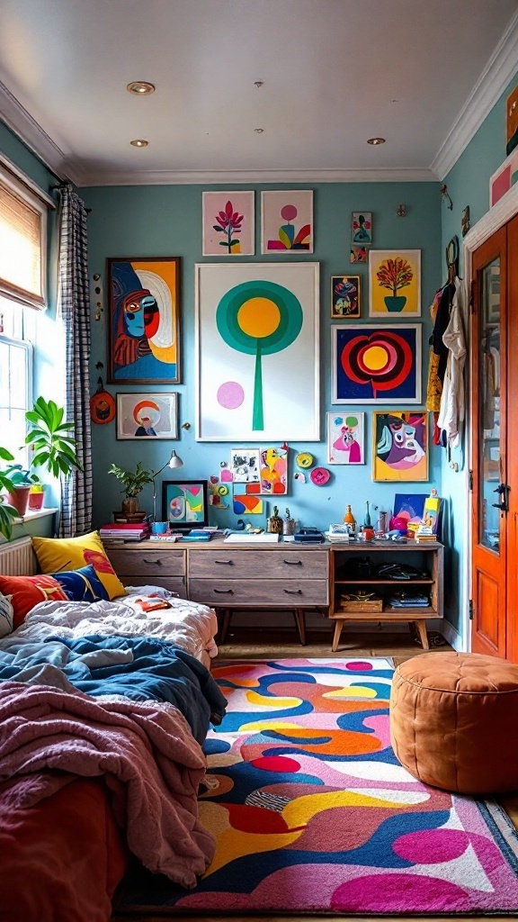 Aesthetic bedroom featuring bold colors, artistic wall art, and a cozy atmosphere.