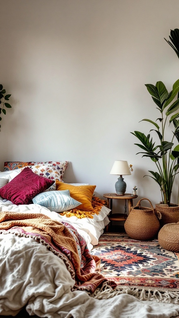 Bohemian styled bedroom with layered textiles and colorful pillows