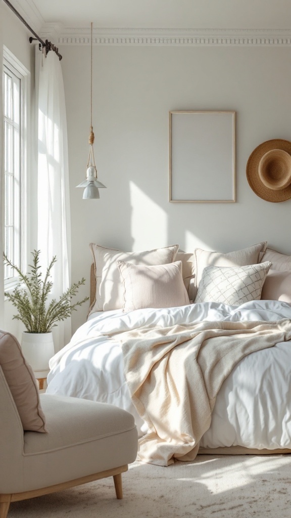 A serene coastal-themed bedroom featuring soft white and beige colors, plush bedding, and natural light.