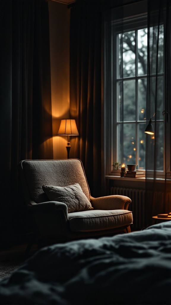 A cozy reading nook with a soft armchair, warm lighting, and a window view.