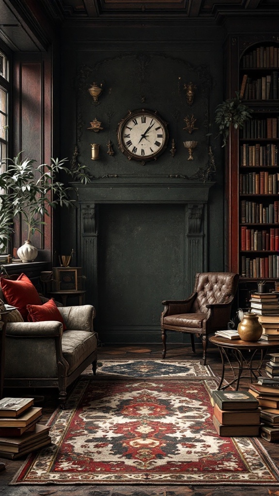 A cozy Dark Academia styled room with a green wall, clock, armchair, and books