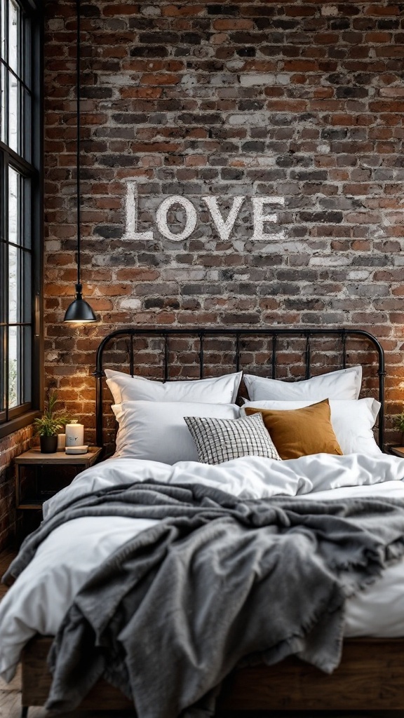 A cozy industrial-style bedroom featuring a brick wall, metal bed frame, and soft bedding.