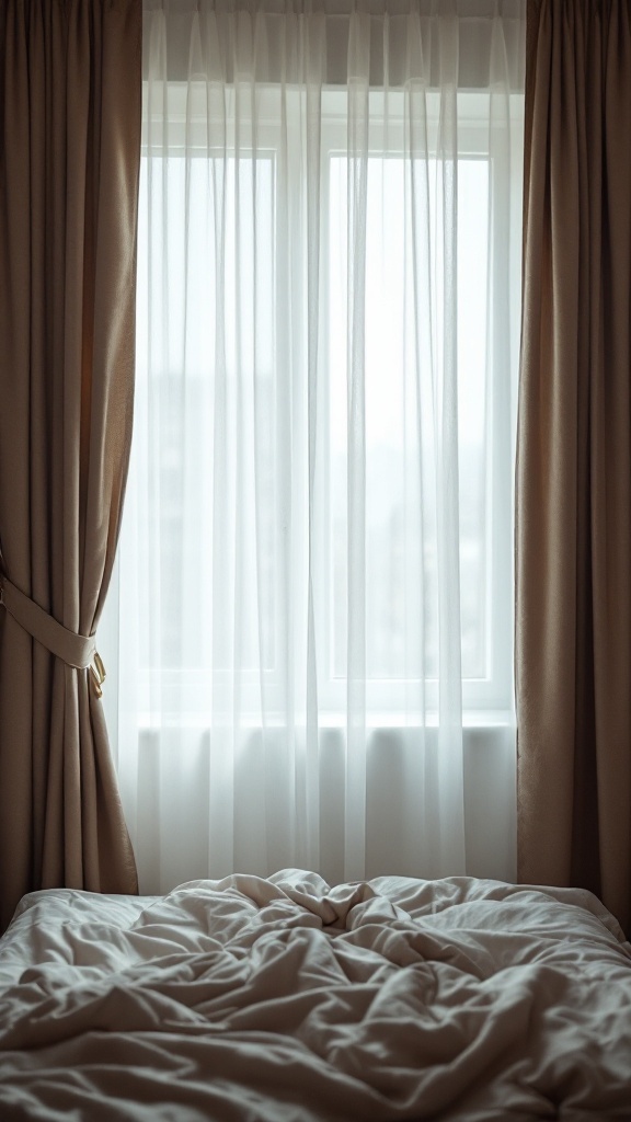 A cozy bedroom window featuring layered curtains with sheer and heavier drapes.