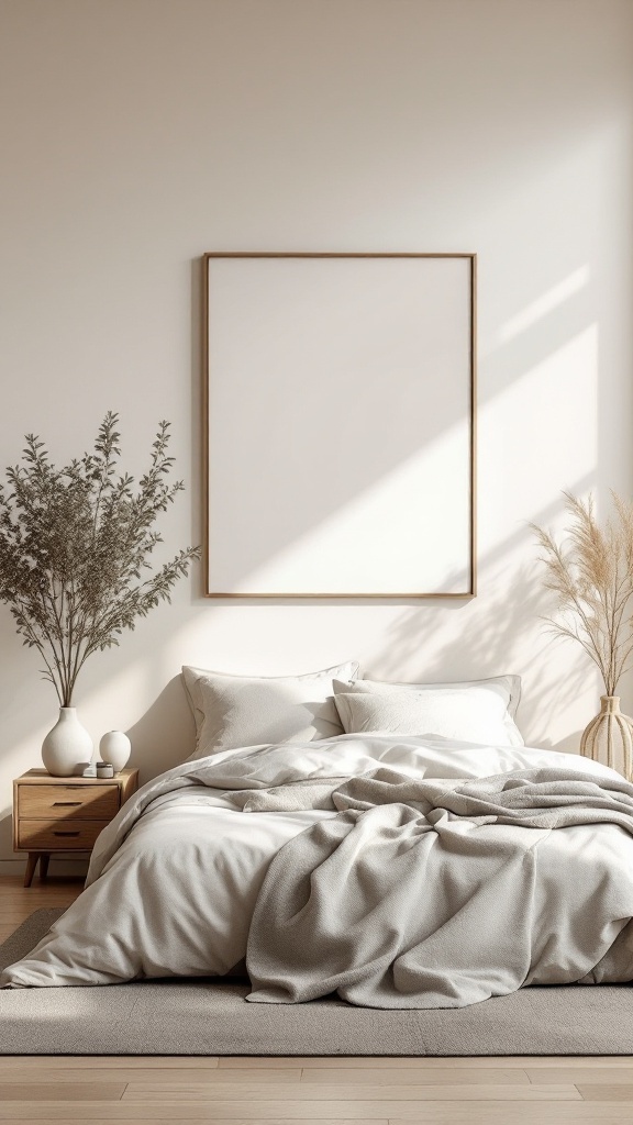 A minimalist bedroom featuring a cozy bed with neutral linens, a simple bedside table, and decorative plants, creating a serene and calming atmosphere.