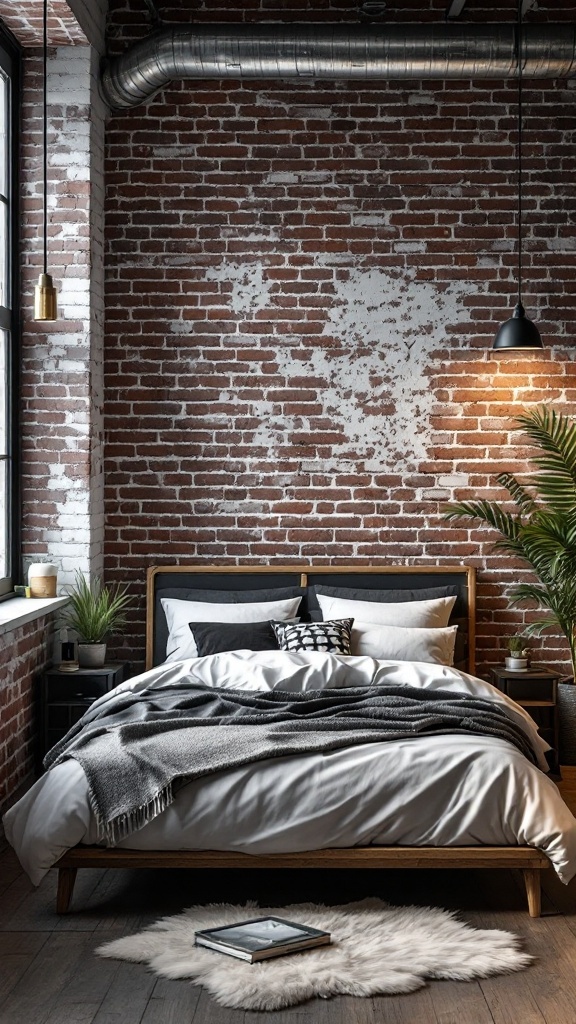 A modern industrial loft bedroom featuring exposed brick walls, a cozy bed with neutral bedding, and plants.