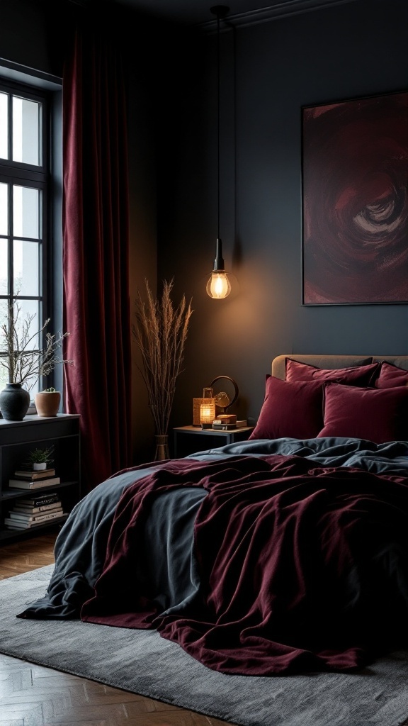 A dark, cozy bedroom featuring deep burgundy bedding, slate blue accents, and warm lighting.