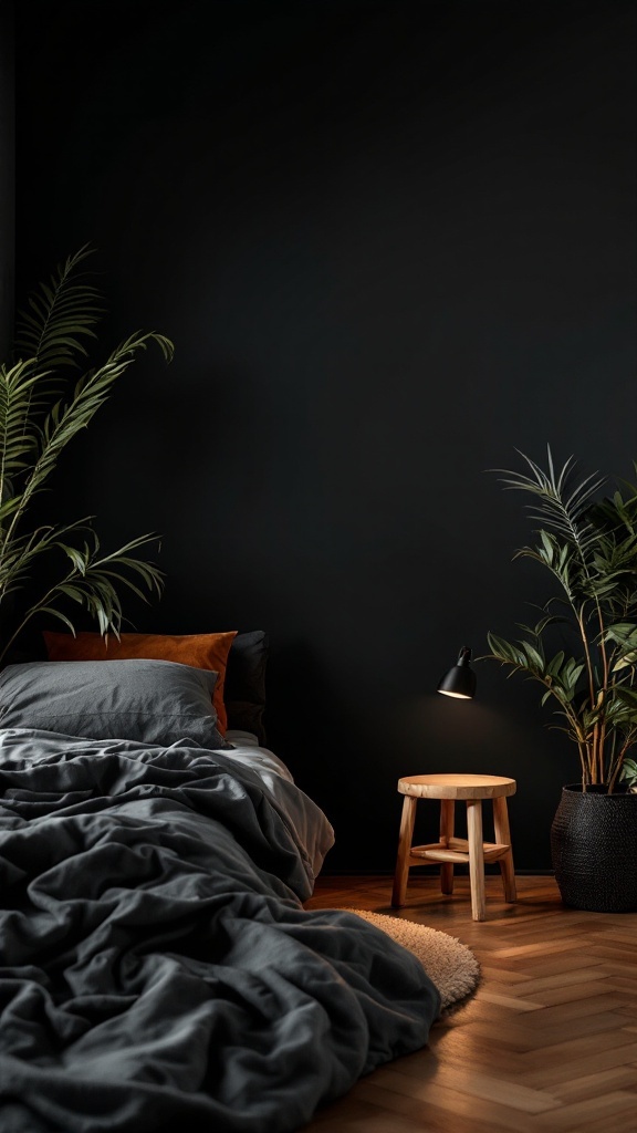 A cozy bedroom with dark walls, a bed with gray bedding, wooden stool, and indoor plants.