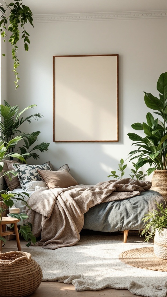 A cozy bedroom with plants, soft bedding, and natural textures