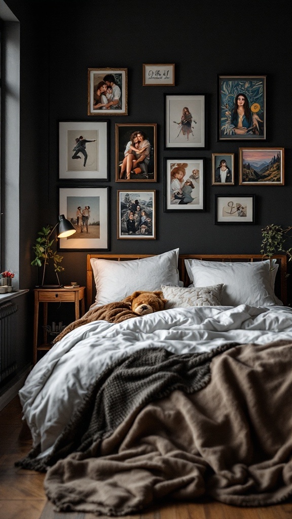 A cozy dark bedroom with personalized artwork displays on the walls.