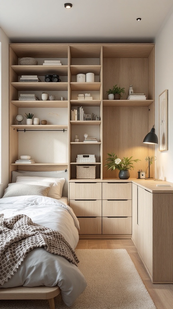 A small bedroom featuring built-in shelves and storage solutions, highlighting a cozy and organized aesthetic.