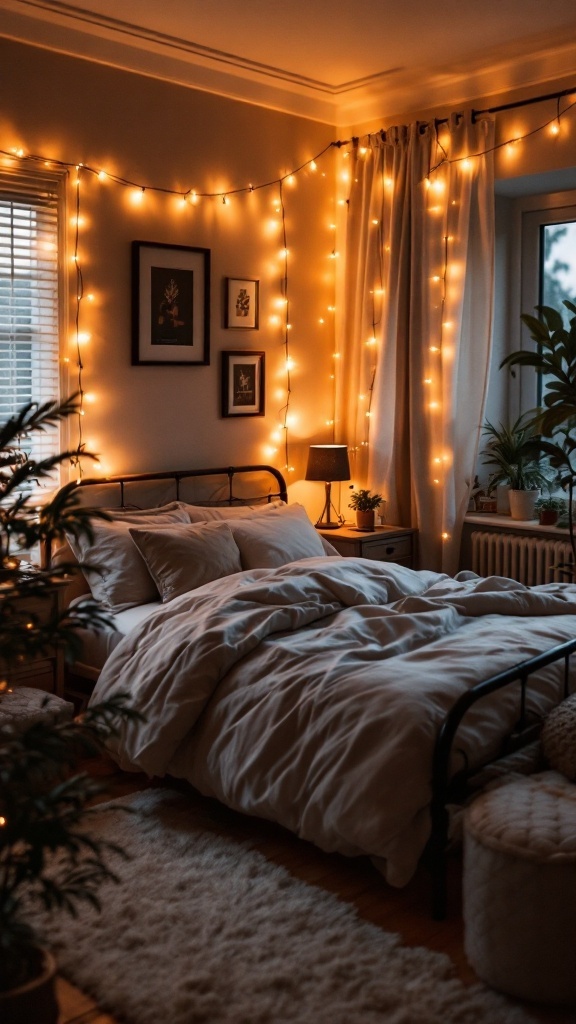 A cozy dark bedroom with soft ambient lighting from fairy lights and a bedside lamp.