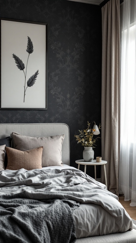 Cozy dark bedroom with patterned statement wall and stylish decor