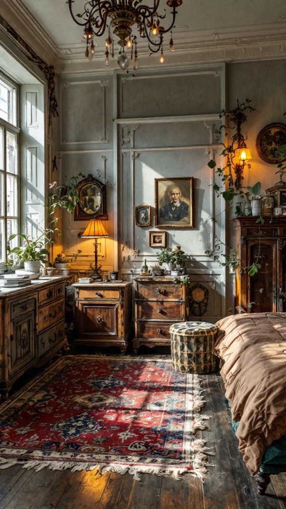 A cozy vintage bedroom with eclectic decor, featuring wooden furniture, warm lighting, and plants.