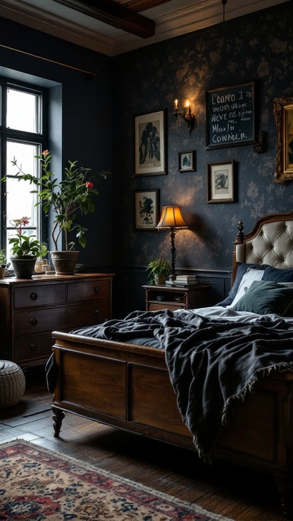 A cozy dark bedroom featuring vintage furniture, including a wooden bed, nightstand, and antique lamp, surrounded by plants and decor.