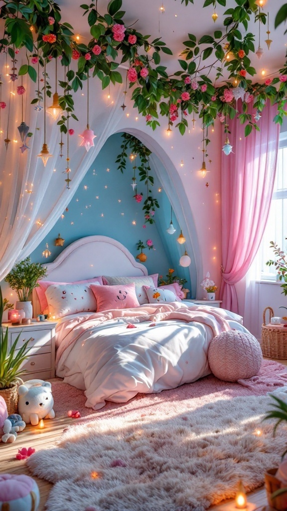 A whimsical bedroom decorated with plants, soft lighting, and playful elements, creating a fairy tale atmosphere.