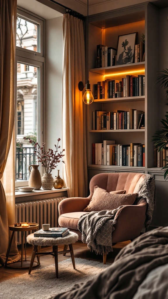 A cozy reading nook with a plush armchair, bookshelves, and warm lighting