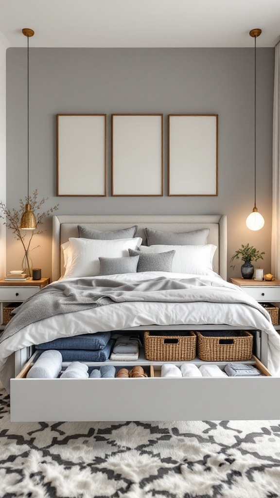 A stylish bedroom featuring a bed with pull-out storage drawers, woven baskets, and decorative elements.