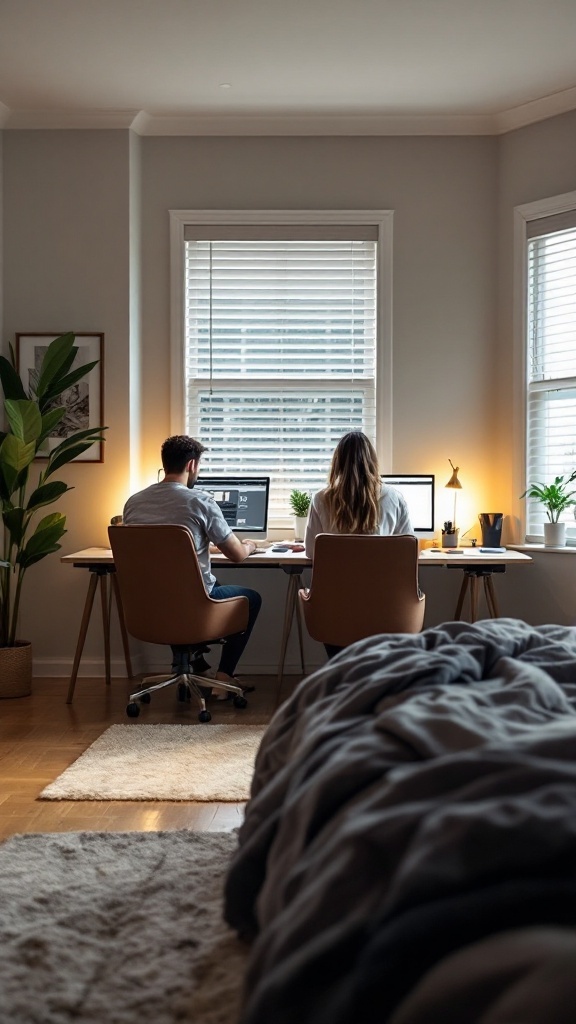 Couple working side by side at their desks in a cozy bedroom workspace