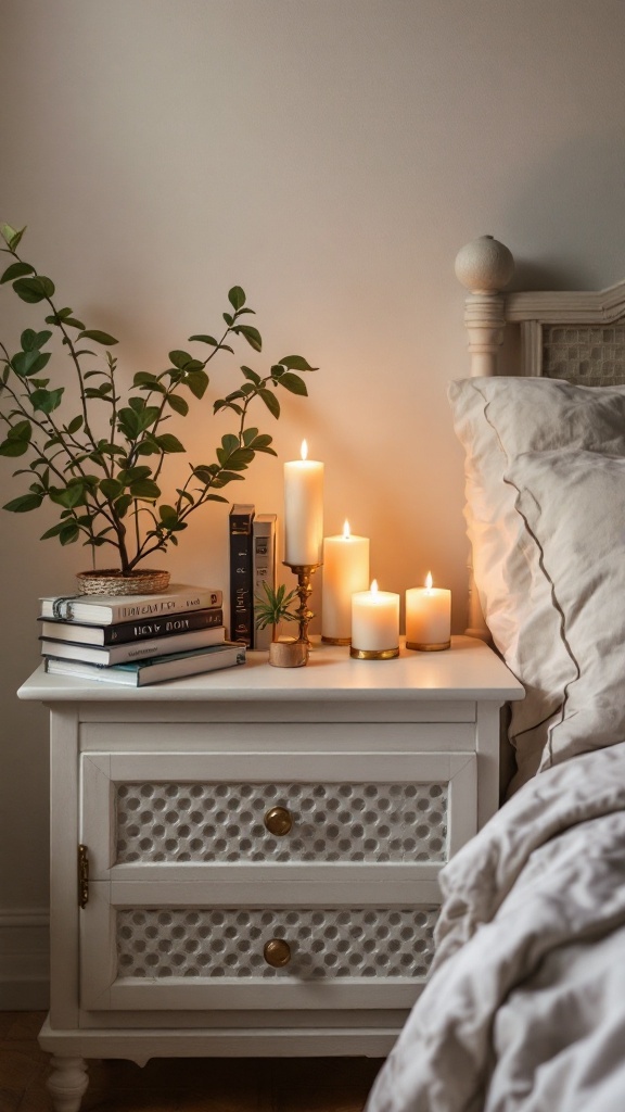 A beautifully styled nightstand with candles, books, and a plant, creating a cozy atmosphere.