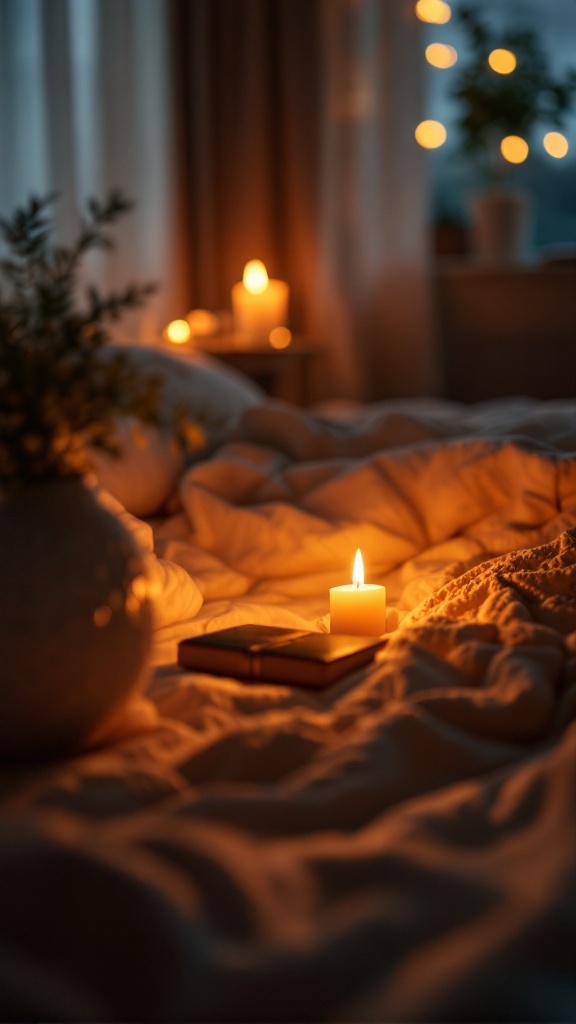 A cozy bedroom scene featuring candles and a book on a bed.