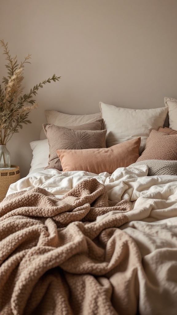 Cozy bedroom with layered textiles, featuring pillows and a soft blanket in warm tones.