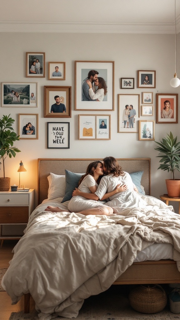 A couple embracing on a bed, with a personalized photo wall behind them.